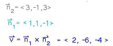n1 = <3,-1,3>; n2 = <1,1,-1>; cross product = <2,-6,-4>