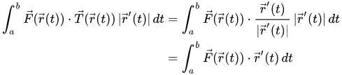 Integral of F(r(t)) dot T(r(t)) times |r(t)| is integral of F(r(t)) dot r-prime(t)