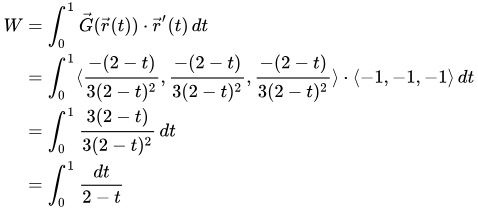 Work is integral of G(r(t)) dot r-prime(t) which is integral from 0 to 1 of dt over (2-t)