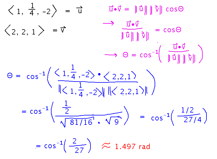 Angle between example vectors is about 1.497 radians