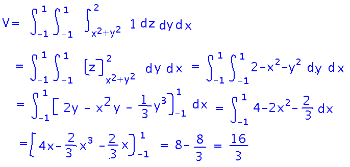 Integrating 1 across 3 dimensions, the inner integral's lower bound depends on x and y