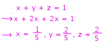 From constraint  equation, x equals 1 fifth, y and z equal 2 fifths