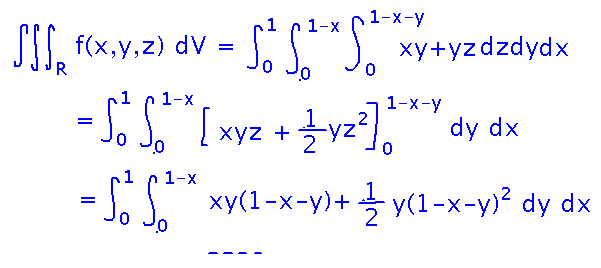Integrate from 0 to 1, then 0 to 1 minus x, then 0 to 1 minus x minus y
