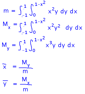 Integrals for 2 dimensional mass and moment, with center of mass equations