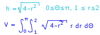 Volume is integral from 0 to 2 pi and from 1 to 2 of height