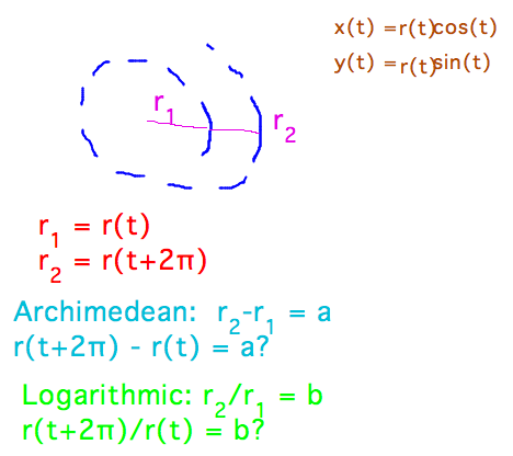 Archimedean: r2 - r1 = a i.e. r(t+2pi)-r(t) = a; logarithmic: r2/r1 = b i.e. r(t+2pi)/r(t) = b