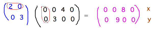 Matrix (2 0 ; 0 3) times (0 0 4 0 ; 0 3 0 0) = (0 0 8 0 ; 0 9 0 0)