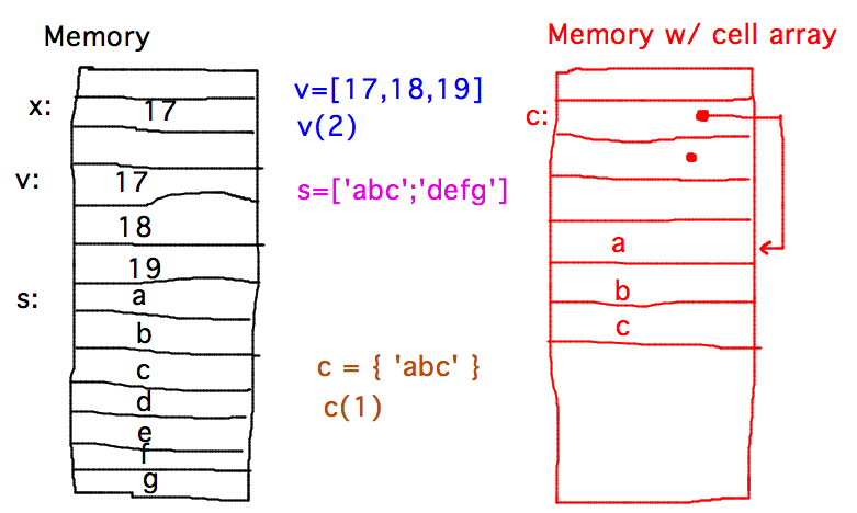 Regular array contains values, cell array contains arrows pointing to values