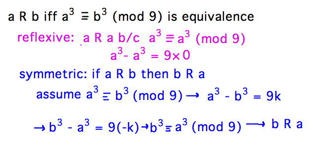 a^3 equiv b^3 (mod 9) reflexive b/c a^3 = a^3, symmetric b/c a^3-b^3 = 9k implies b^3-a^3 = 9(-k)