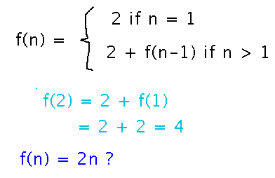 Define function f(n) as 2 when n equals 1, 2 + f(n-1) when n greater than 1