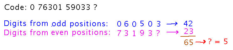 Rearranging the digits of a product code and doing some secret calculations to predict a missing digit