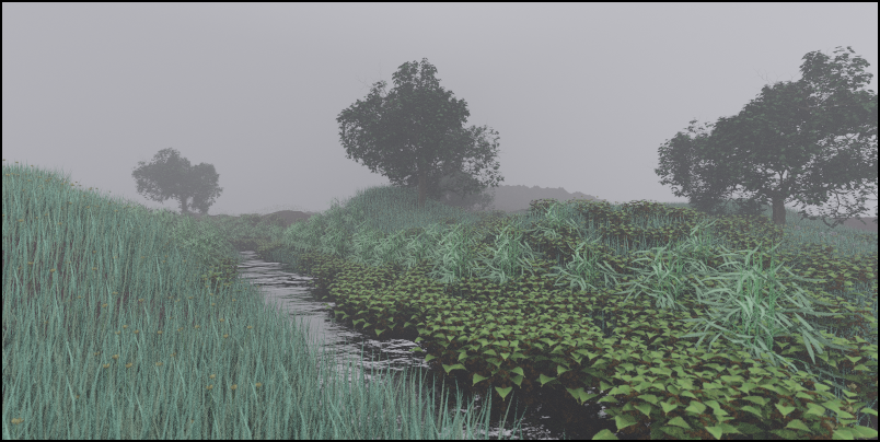 Foggy stream flowing past plants and trees